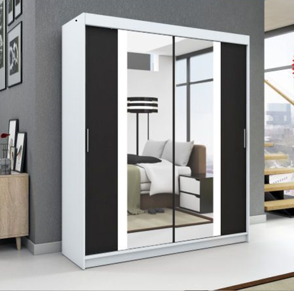 Schwebetürenschrank BRUNI 2-türig Schrank 180 cm (mit Spiegel) Farbe: Weiß ,schwarz Bild 1