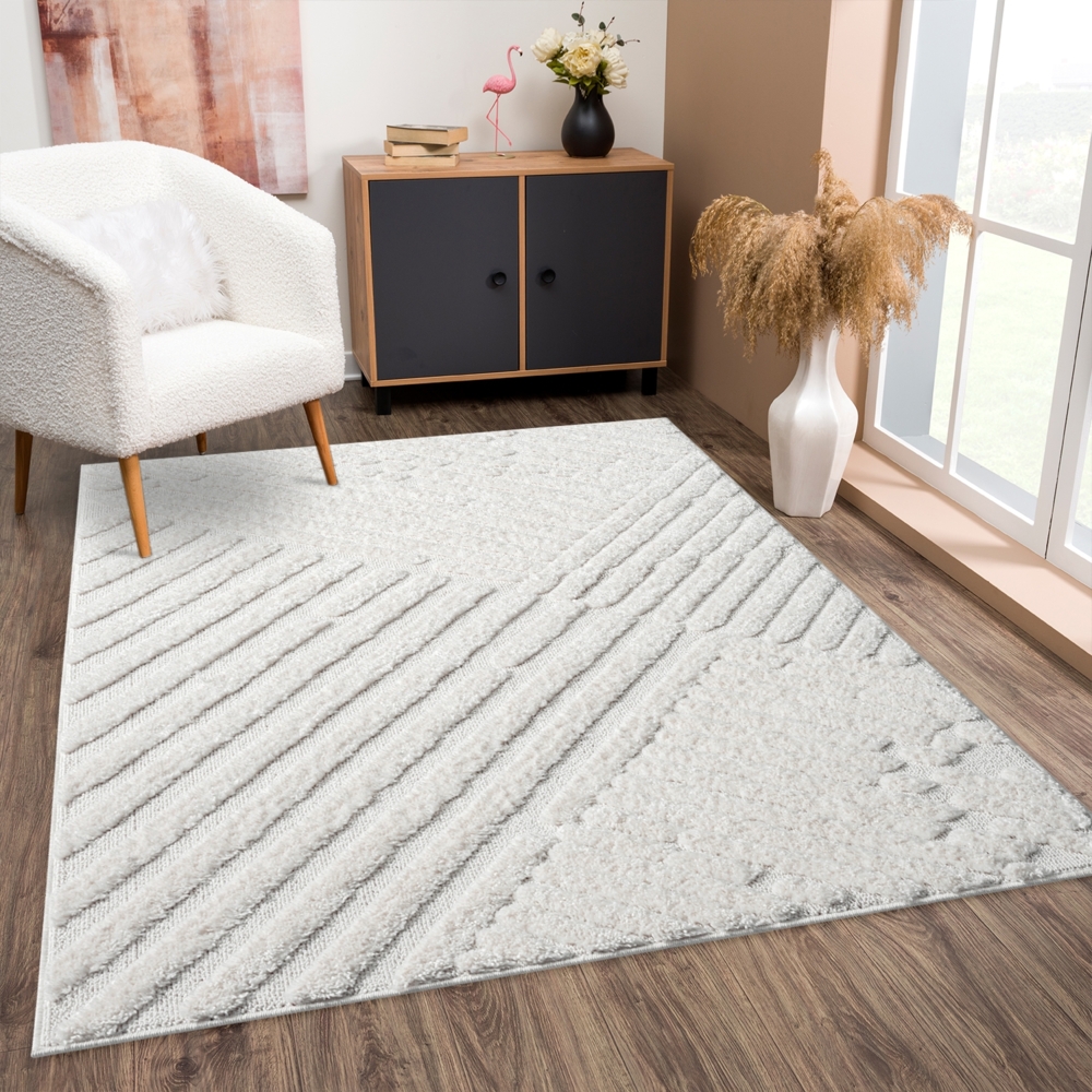 Teppich Rund - Hochflor - Boho - Pastell Creme - 120x120cm - Einfarbig - Modern Streifen Muster- Skandinavisch Flauschig Weich - Wohnteppich Schlafzimmer Dekoration Bild 1