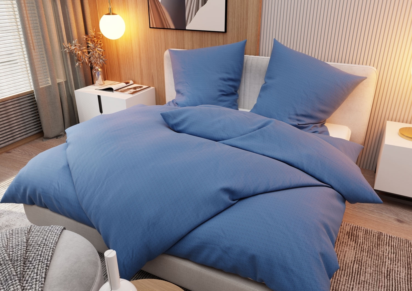 Mako Interlock Jersey Bettwäsche dunkelblau gitter Garnitur 155x220 + 80x80 Bild 1