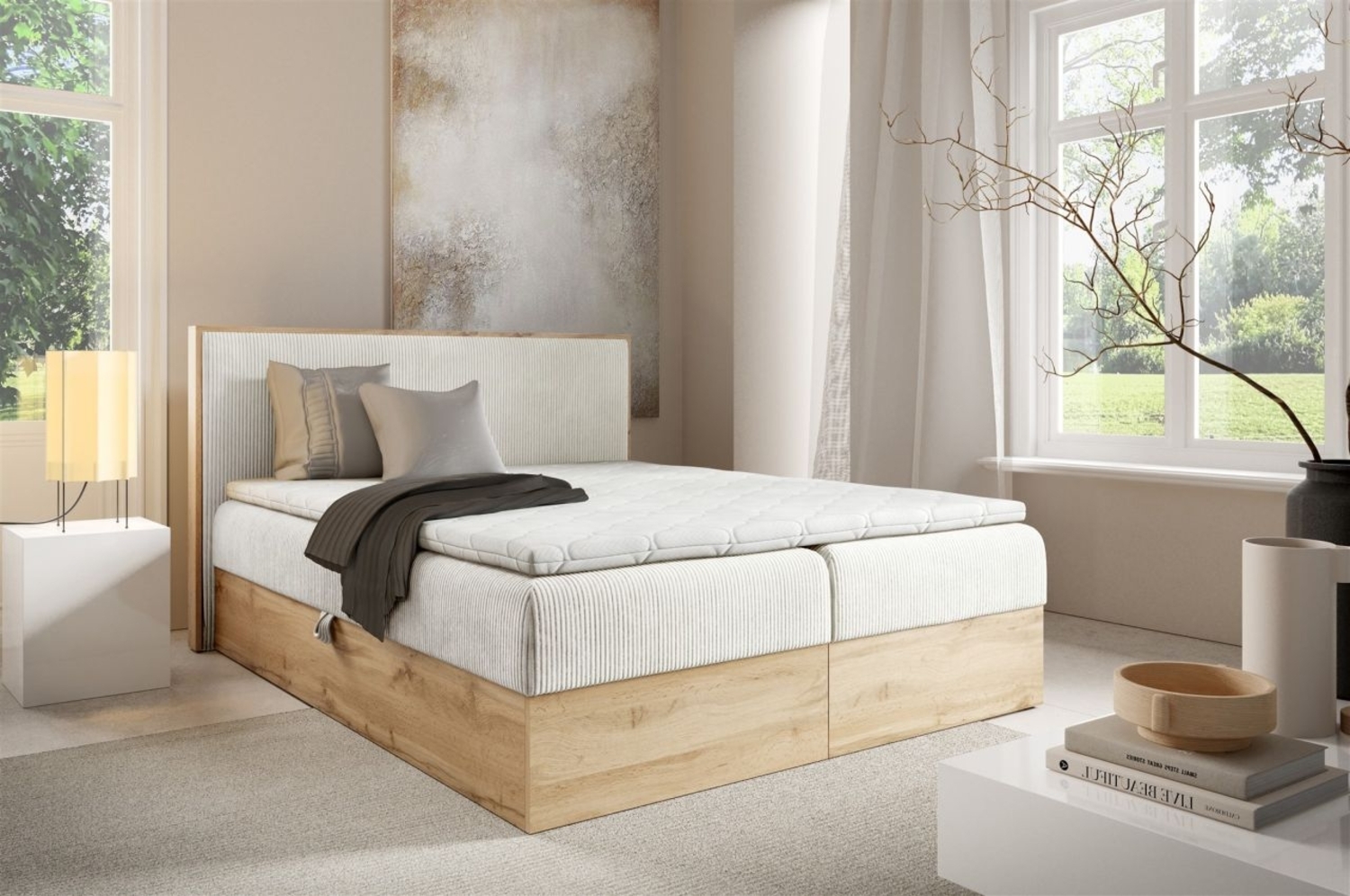 Boxspringbett Schlafzimmerbett ROLAND 140x200cm in Stoff Lincoln Creme Bild 1