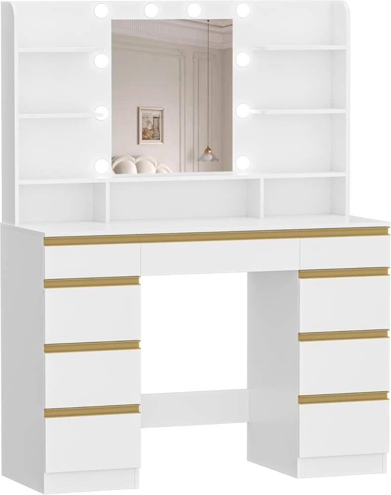Großer Schminktisch mit LED-Beleuchtung, 10 LED-Lichtkugeln, 3 Farben, einstellbare Helligkeit, Schminktisch mit Spiegel, 9 Schubladen, 9 offenen Ablagen, moderner Stil, Weiß-Gold Bild 1