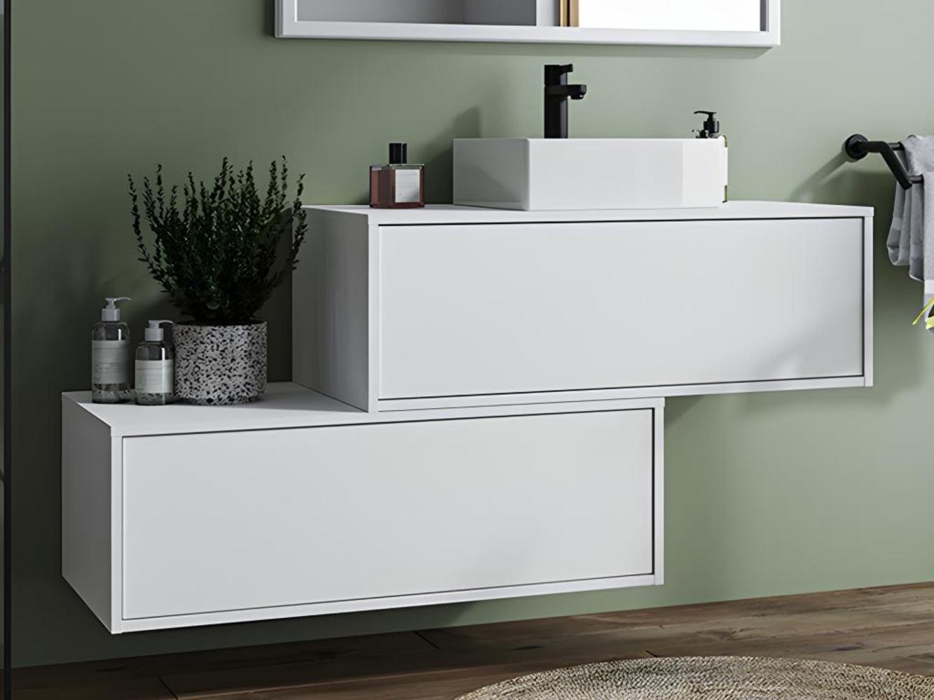 Vente-unique - Waschbeckenunterschrank hängend mit Einzelwaschbecken und 2 Schubladen - Weiß - 94 cm - TEANA II Bild 1