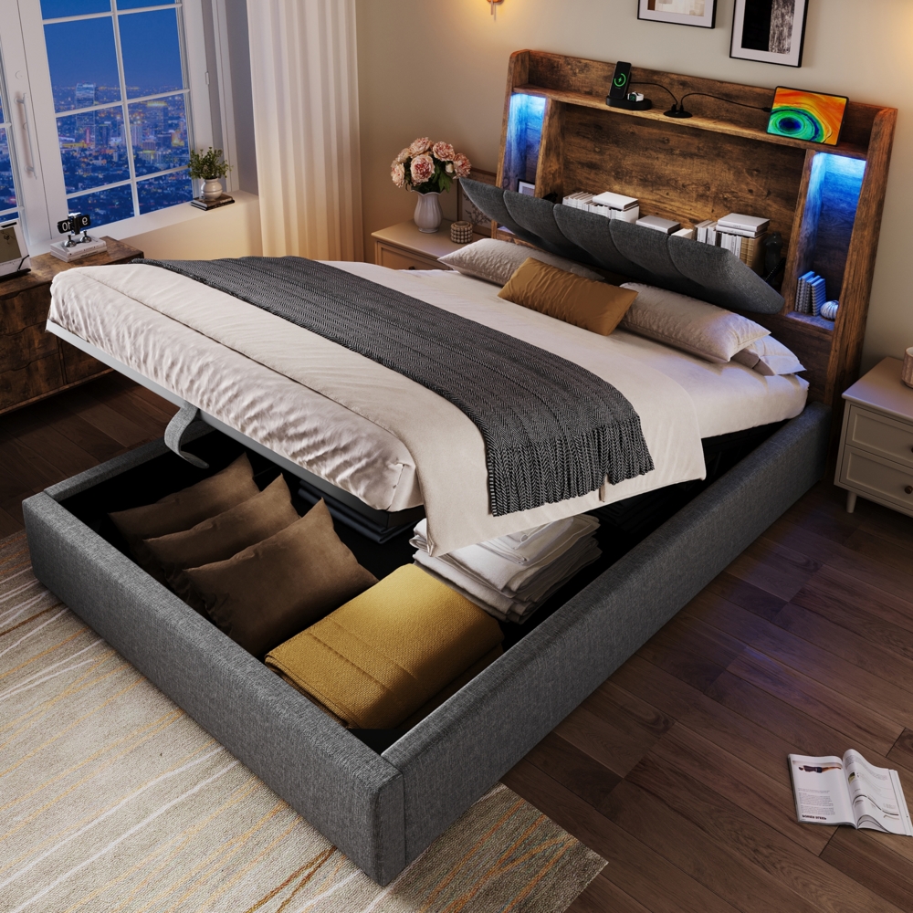 Merax Polsterbett, Einzelbett 90x200 cm, Mit USB Typ-C Ladefunktion, Flip-Top-Aufbewahrungsfach, Multifunktionale Aufbewahrung, LED-Beleuchtung, Drucktaste/Appdienung, Leinen, Grau Bild 1