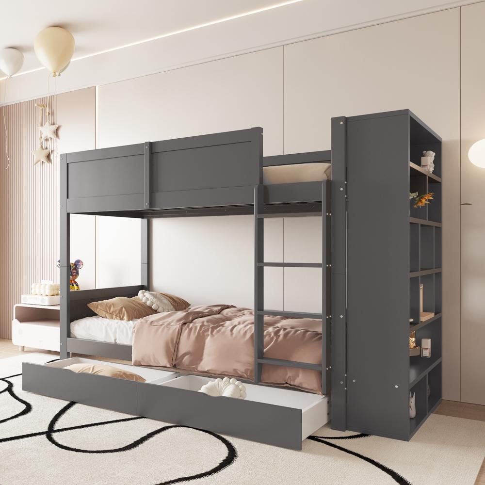 Merax Etagenbett Massivholz Kinderbett 90x200cm mit Seitenschrank und 2 Schubladen, Grau Bild 1