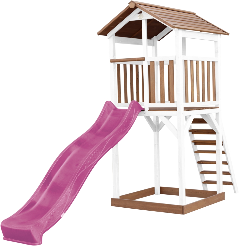 AXI Beach Tower Spielturm aus Holz in Braun & Weiß Spielhaus für Kinder mit lila Rutsche und Sandkasten | Braun, weiß, lila | Holz | 349 cm Bild 1