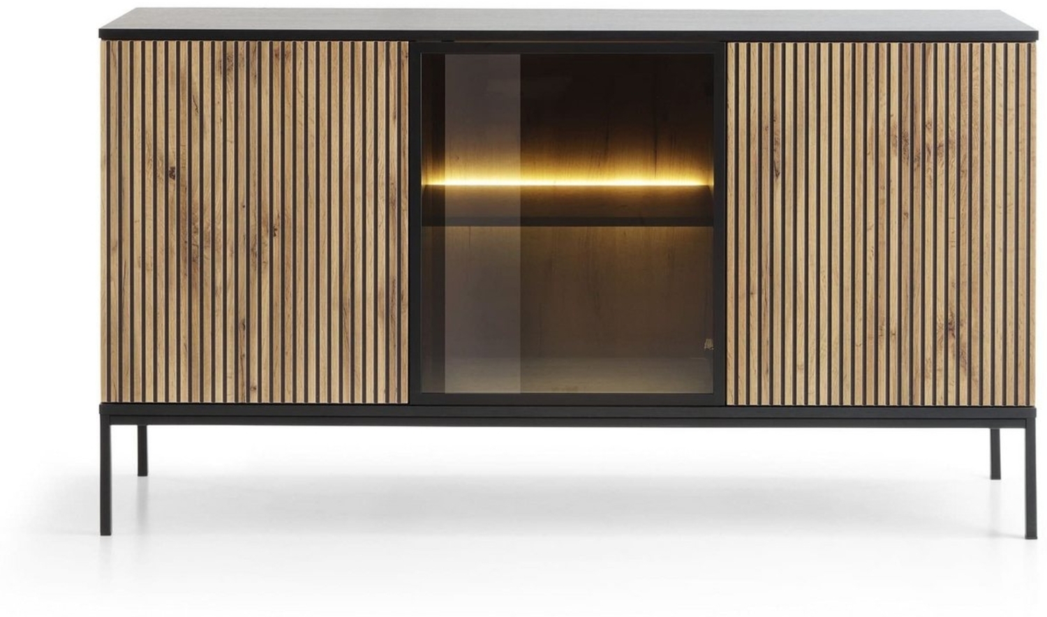 MOEBLO Sideboard Sentino S154 LED (Eiche wotan, Sideboard Wohnzimmer Kommode Schlafzimmer Komodenschrank Highboard, mit gefräster Front und LED-Beleuchtung), (HxBxT):83x154x39 cm Bild 1