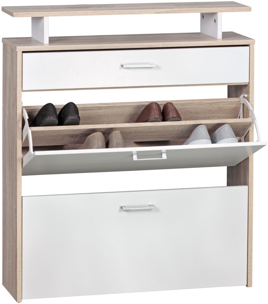 Schuhkipper Holz 80x95x24 cm Modern Sonoma Eiche, Design Schuhregal Schuhkipper Schmal, Schuhschrank Schuhaufbewahrung mit Schublade, Flurschrank Schuhablage Regal Bild 1