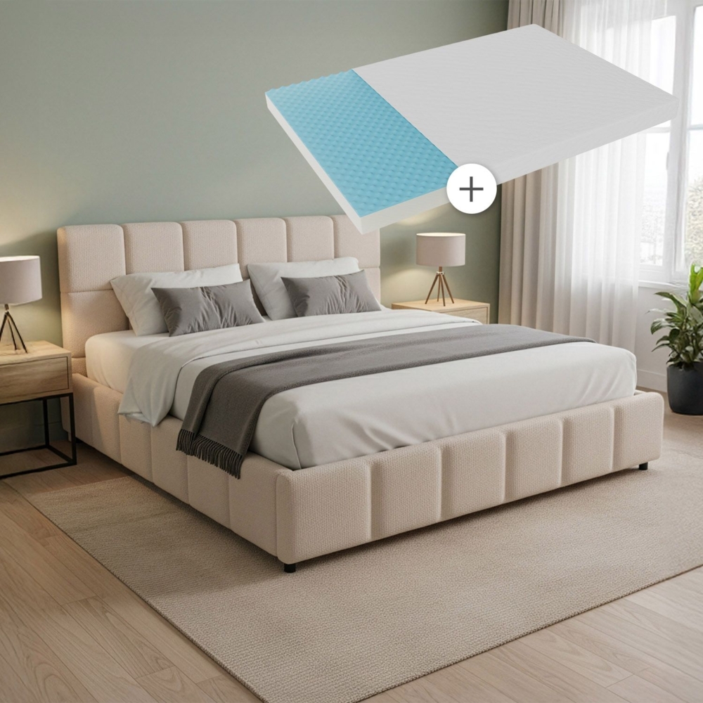 Juskys Polsterbett Florenz 180x200 cm mit Matratze – Bouclé, modernes Bett mit Kopf- & Fußteil, stabilem Holz- & Metallrahmen, Lattenrost, 500 kg Tragkraft – Beige Bild 1