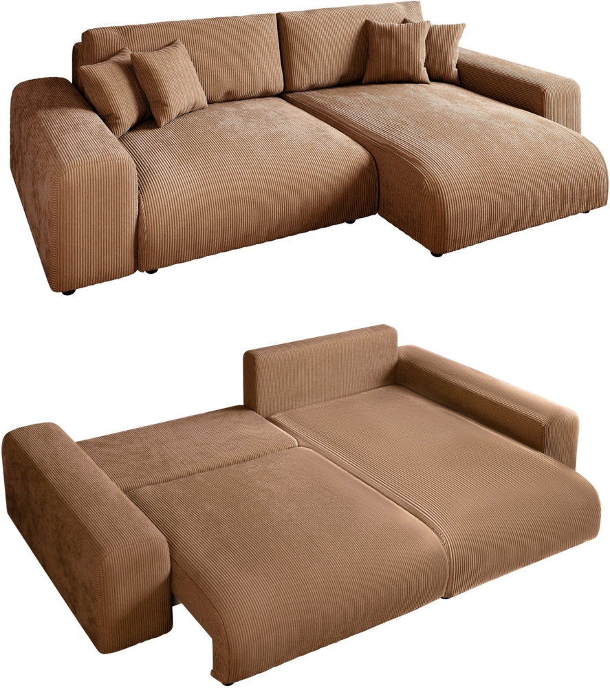 ECKSOFA mit Schlaffunktion, Bettkasten, Wellenunterfederung, seitenverkehrt montierbar B255/T165/H84 cm, Liegefl. 148x196 cm, Cord Hell-Braun Bild 1