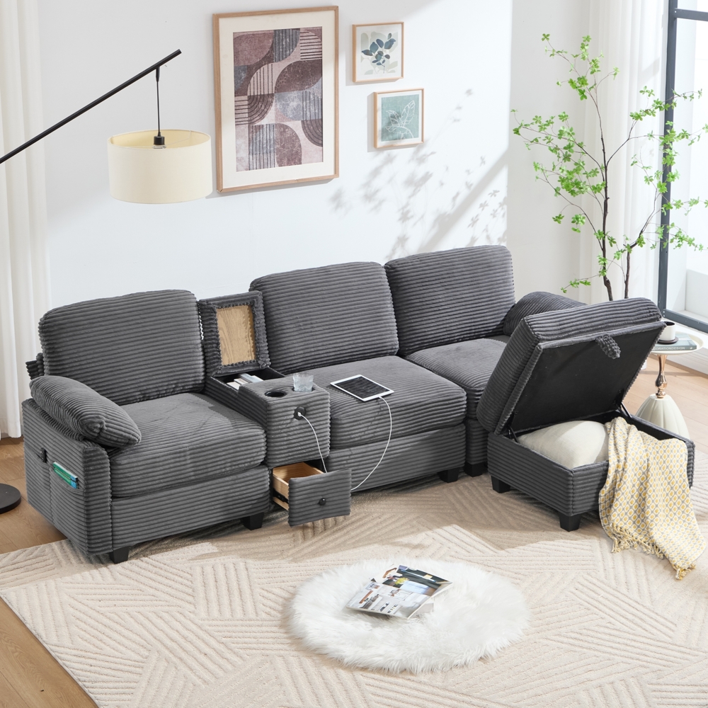 Flieks 3-Sitzer Schlafsofa, Ecksofa, Großes Cord-Sofa mit 2 Cup-Halter + Stauraum, USB-C-Anschluss, Seitentasche, Stauschublade, beweglicher Stau-Ottoman, Dunkelgrau Bild 1
