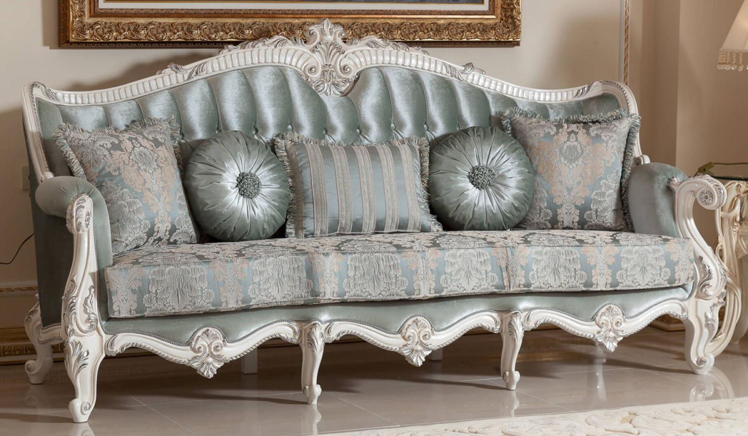 Casa Padrino Luxus Barock Sofa Grün / Beige / Weiß / Silber - Prunkvolles Wohnzimmer Sofa mit elegantem Muster - Barock Möbel - Luxus Wohnzimmer Möbel im Barockstil - Edel & Prunkvoll Bild 1