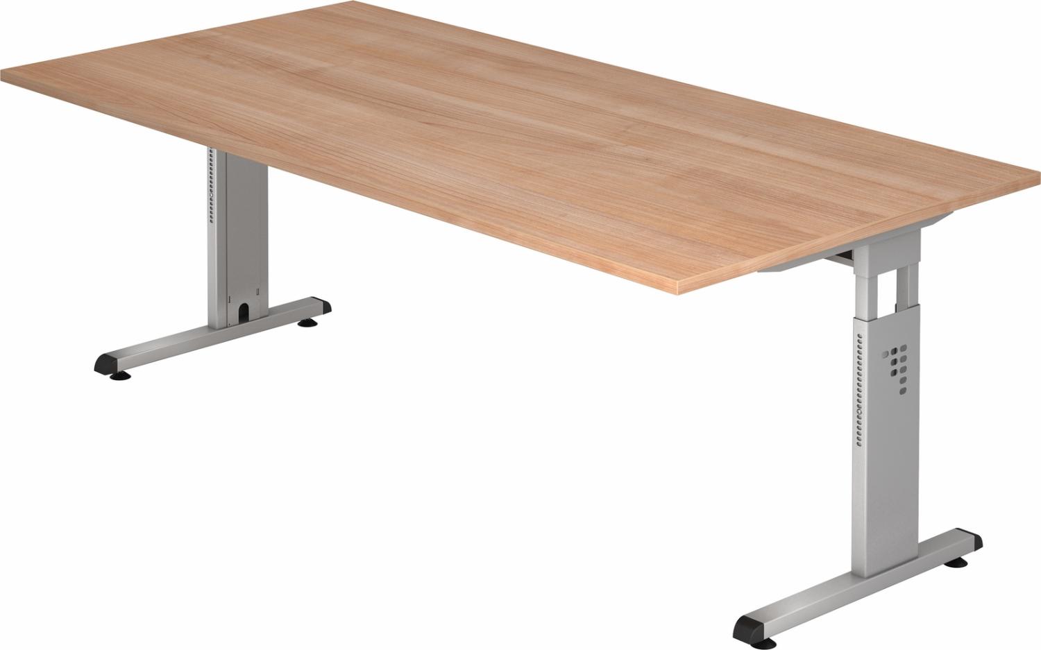 bümö höhenverstellbarer Schreibtisch O-Serie 200x100 cm in Nussbaum, Gestell in Silber - großer PC Tisch für's Büro manuell höhenverstellbar, Computertisch verstellbar, OS-2E-N-S Bild 1