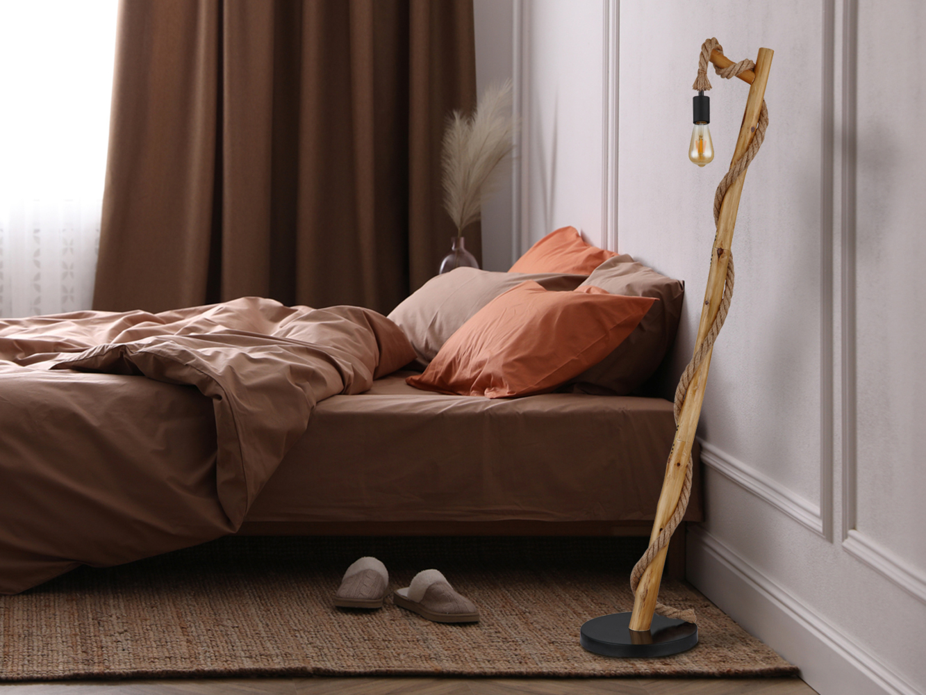 Stehleuchte ULLEU mit Hanfseil und Holzstab, Höhe 150cm Bild 1