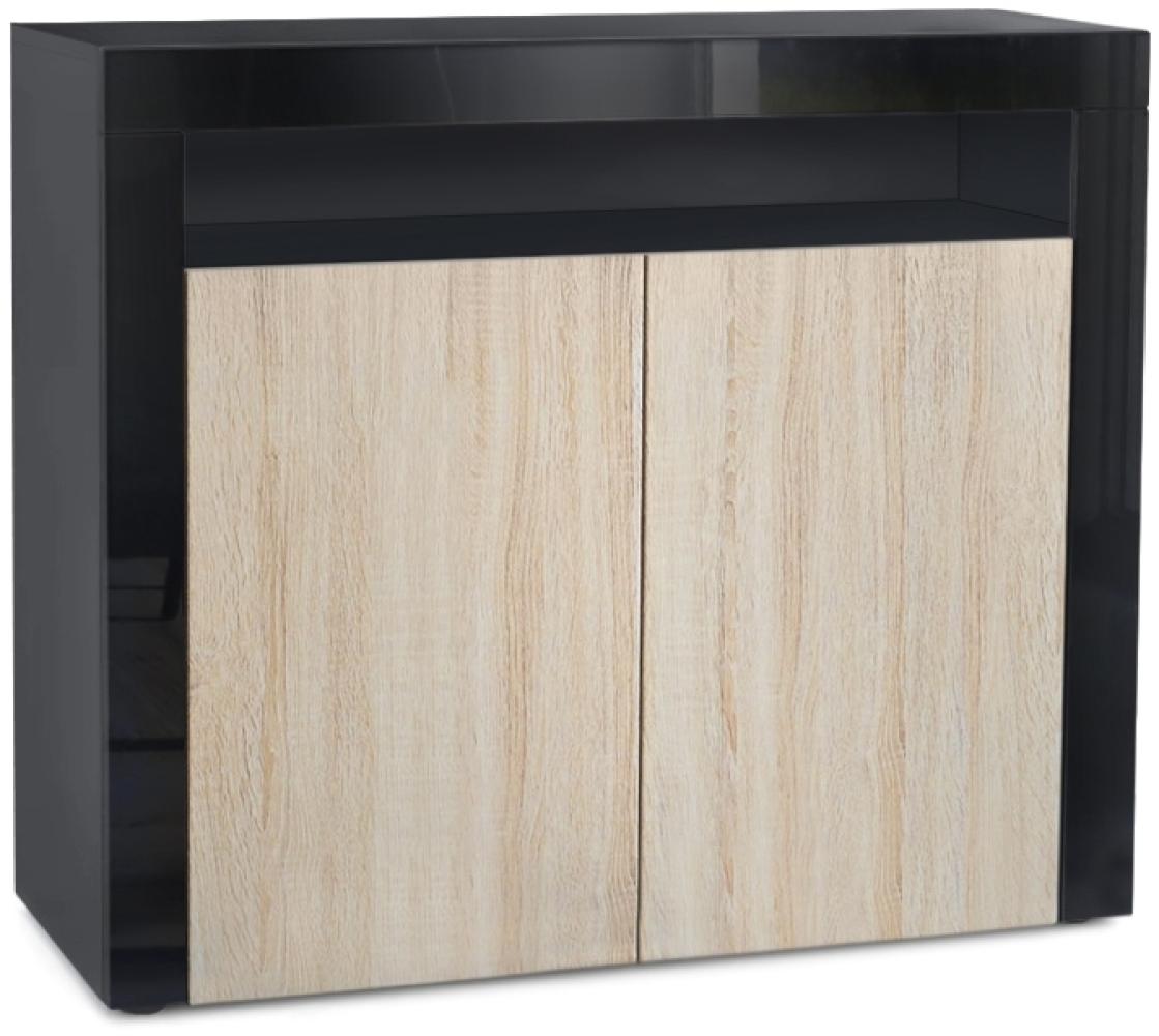 Vladon Kommode Valencia, Sideboard mit 2 Türen und 1 offenem Fach, Schwarz matt/Eiche sägerau/Schwarz Hochglanz (108 x 92 x 40 cm) Bild 1