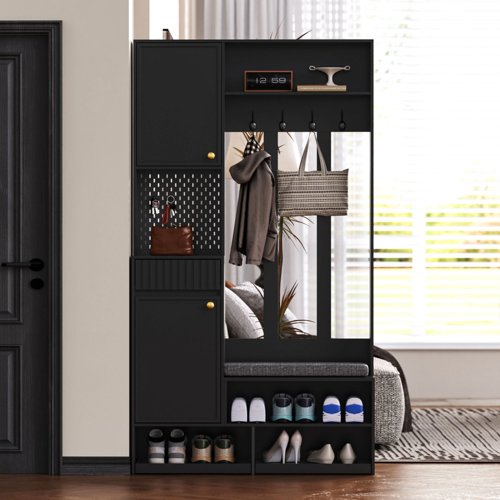Merax Garderobenset, Komplett-Set Flurgarderobe mit Sitzbank, 4 Haken, Türen & Schubladen - Schwarz Bild 1