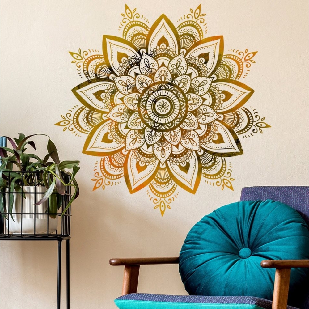 ZEUOPQ Wandtattoo Dekorative Wandaufkleber, Mandala Blume Fenster Wandsticker Pflanze (Gold Wandtattoo Wanddeko für Kinderzimmer Schlafzimmer Wohnzimmer, 2 St), 3D-Wandtattoo, Groß Wandsticker Wandbild Flur Yoga Wanddeko Bild 1