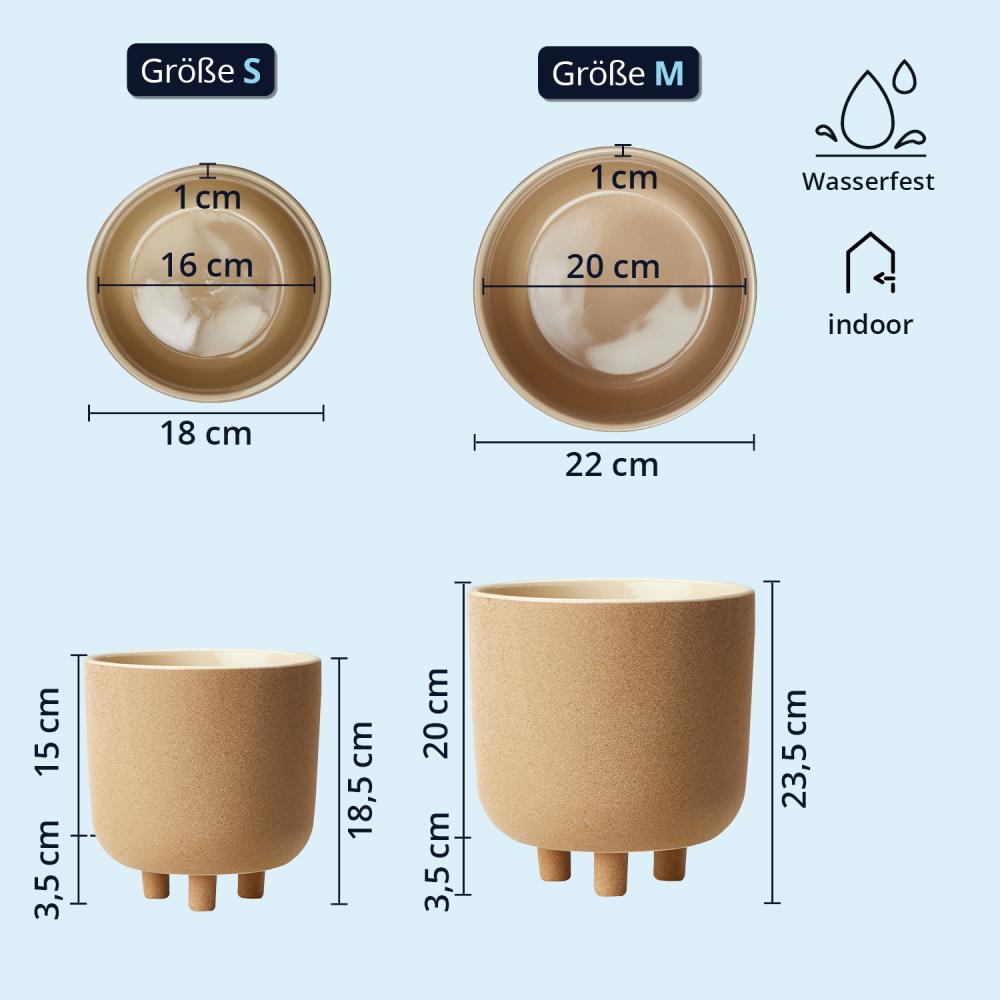 KHG Übertopf Braun rund, 2er Set in Größe S & M, körnige Oberfläche, 3 kurze Beine, Höhe 18,5 & 23,5 cm, Blumentopf Sandkornstruktur, wasserfest, Eignung innen, natürlich, Landhaus, Boho, Ethno Bild 1