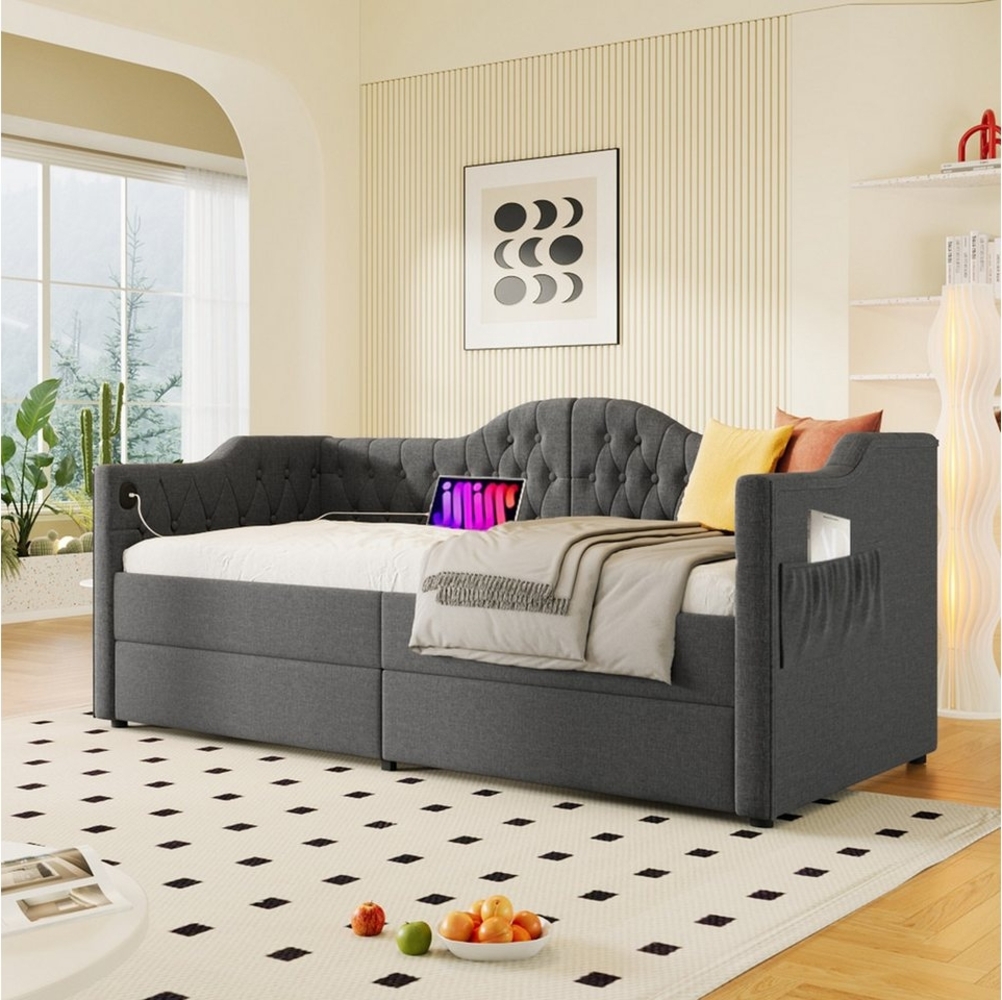 TavilaEcon Polsterbett Daybett mit USB Type C Ladefunktion und 2 Schubladen, Schlafsofa Stauraumbetten Bettgestell, 90x190 cm, Leinen Bild 1