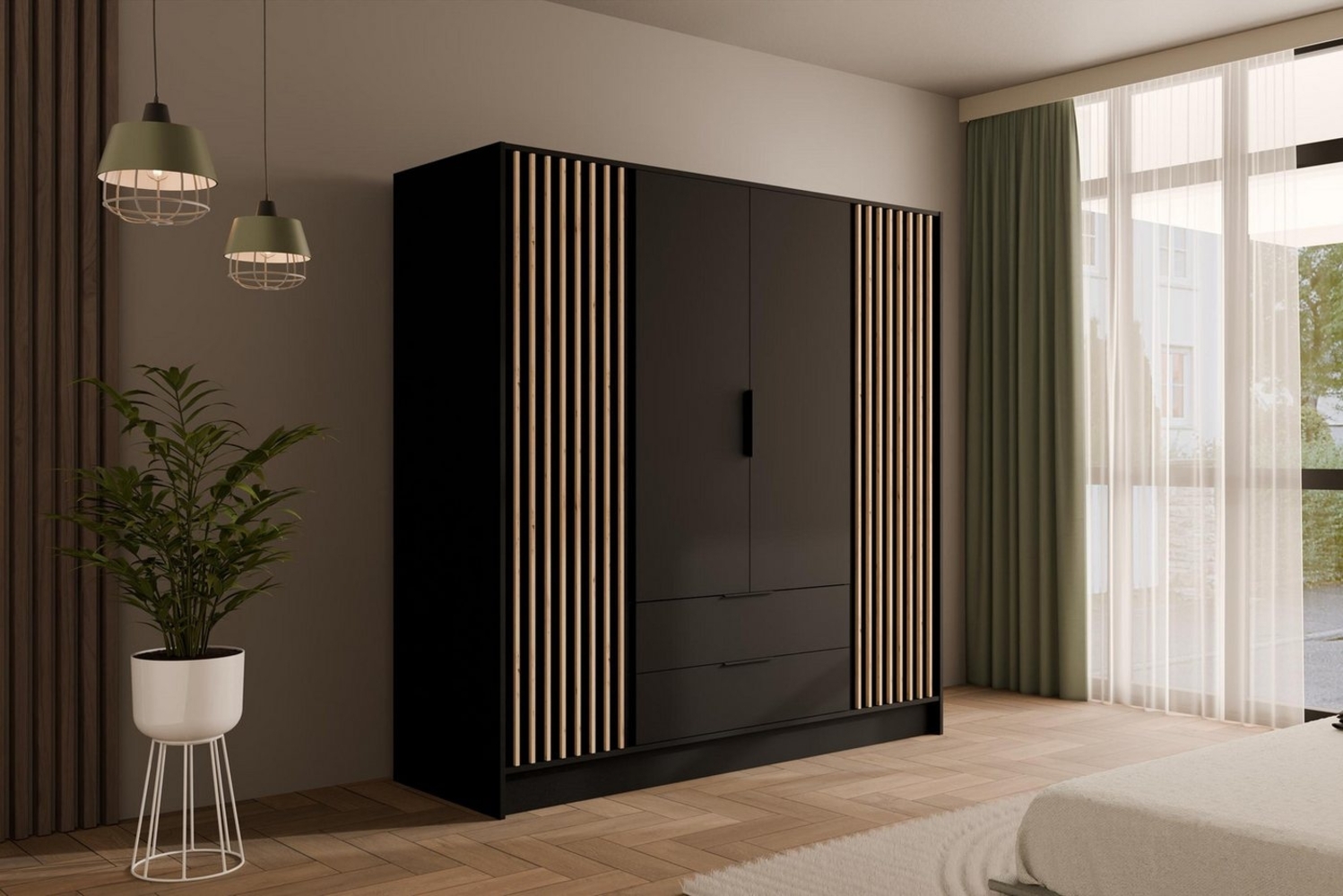 ALTDECOR Drehtürenschrank NELIA (Kleiderschrank Garderobenschrank mit viel Stauraum, Moderner Schrank) Vielseitiger Drehtürenschrank mit Spiegeltüren Spiegel Lamellen Bild 1