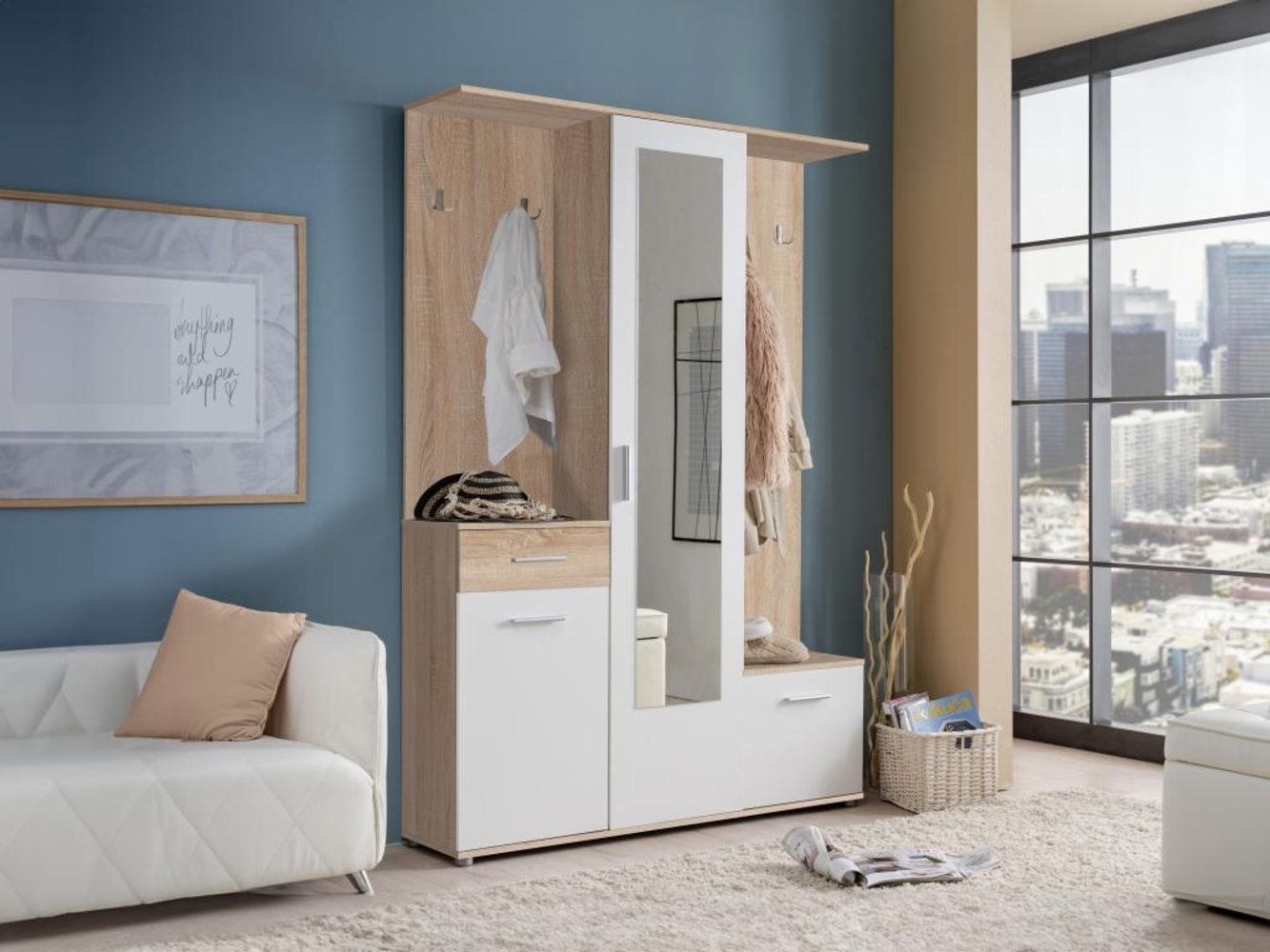 Vente-unique - Garderobe mit 3 Türen, 1 Schublade & 1 Spiegel - Holzfarben & Weiß - CAMOLA Bild 1