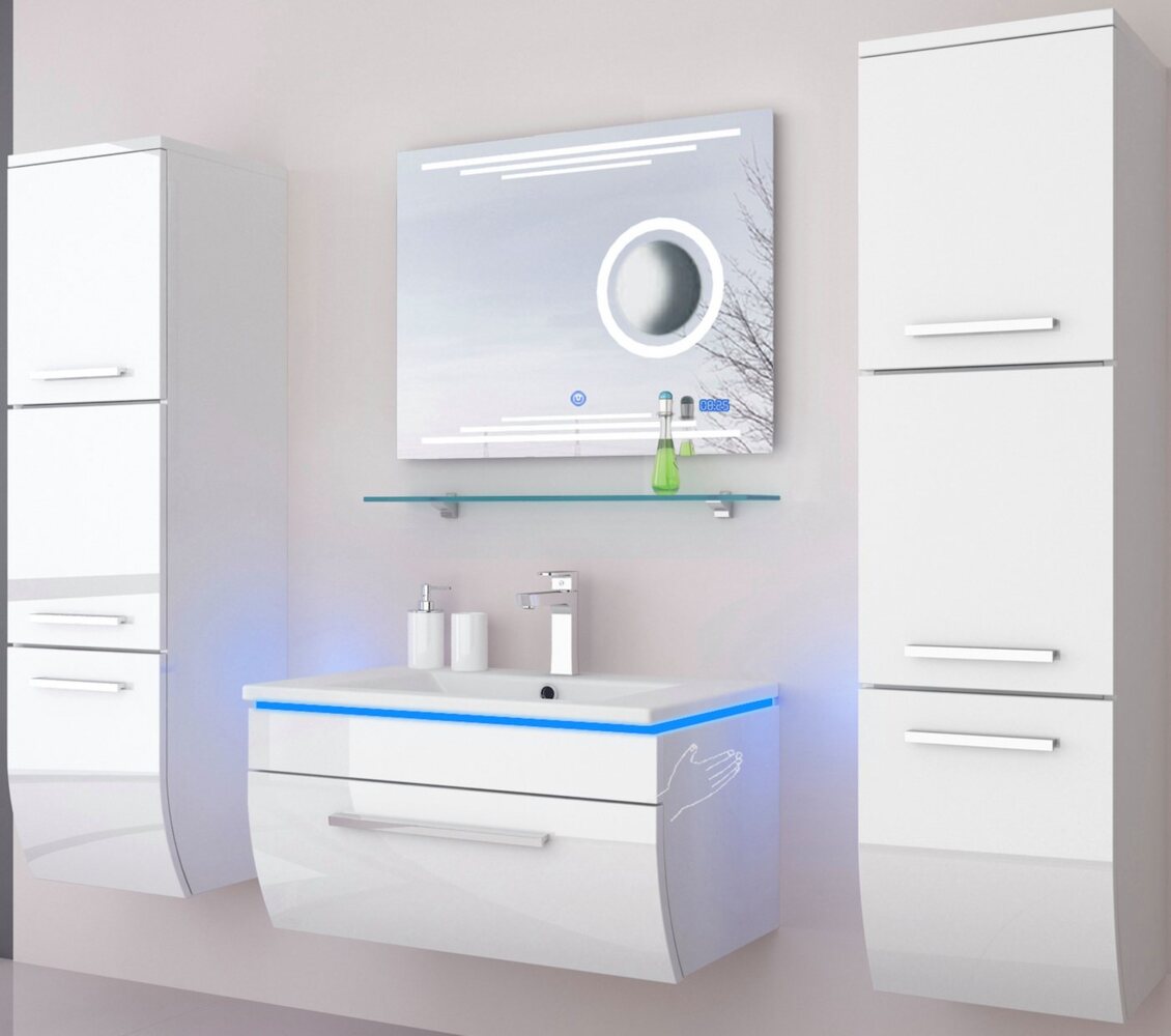 Homeline Badmöbel-Set Badmöbel Set Hochglanz 6 TLG 70 cm Weiß Led Touch Badezimmer Möbel, (Spar Set, 6-St, 6 Teiliges Set), Hochglanz lackiert LED System Touch System Bild 1