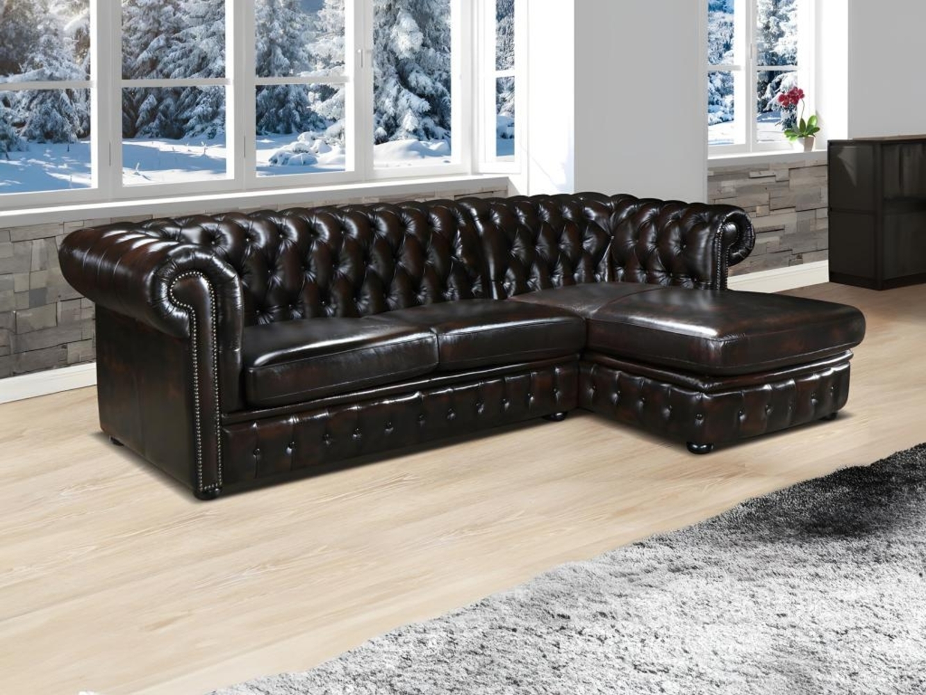 Vente-unique - Chesterfield Ecksofa - Ecke Rechs - Büffelleder - Dunkelbraun - BRENTON Bild 1