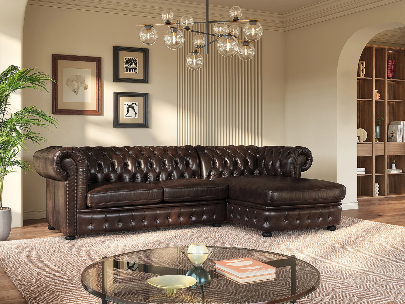 Vente-unique - Chesterfield Ecksofa - Ecke Rechs - Büffelleder - Dunkelbraun - BRENTON Bild 1