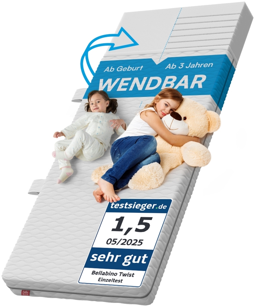 Bellabino 'Twist' Baby- und Kindermatratze 80x160 cm, Höhe 15 cm, Härtegrad H1/H2, wendbare 7-Zonen Kaltschaummatratze, abnehmbarer Bezug, Matratze für Kinder ab Geburt bis 13 Jahren Bild 1