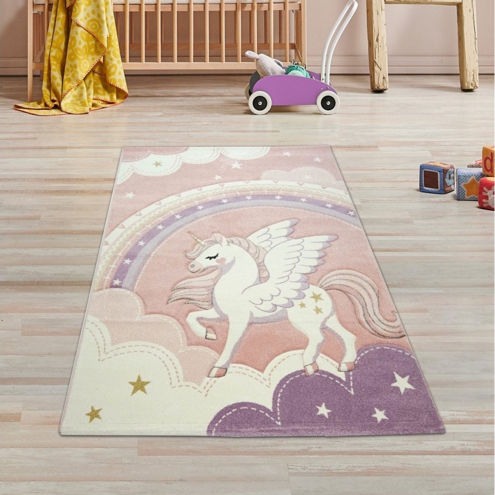 TeppichHome24 Kinderteppich Kinderzimmer Teppich Einhorn Regenbogen creme rosa, rechteckig, Höhe: 13 mm Bild 1