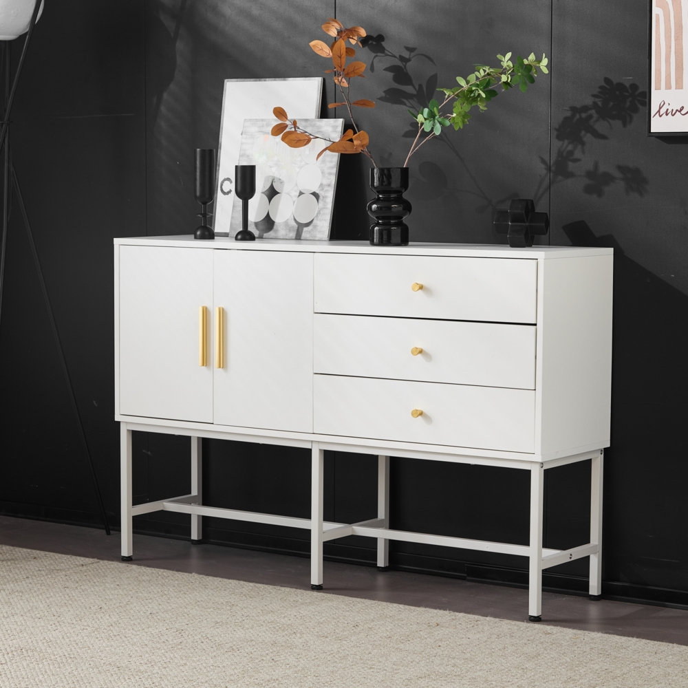 Merax Kommode, Sideboard mit zwei Türen und drei Schubladen, goldene Griffe in verschiedenen Designs und Metallfüße, Maße: B120/W32/H80, weiß Bild 1