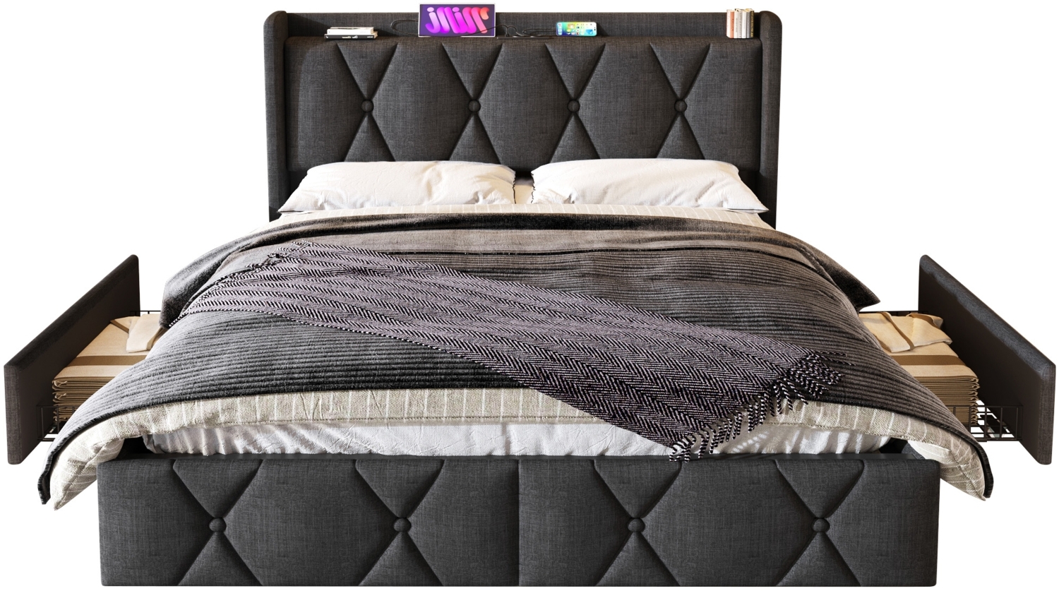 Polsterbett 160x200 cm mit Ladefunktion und 4 Schubladen, graues Leinen Stauraumbett,Es gibt ein Matratzenlager. Bild 1