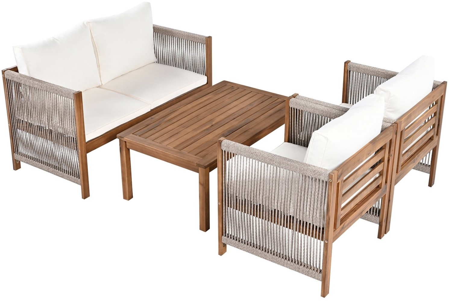 KLAM HOME Gartenlounge-Set Gartenmöbel Set mit Akazie und bequemem Kissen, (4tlg, 1 Doppelsofa 2 Sessel 1 Tisch), Sitzgruppe Sitzgarnitur Terassenmöbel für Garten Innenhof Outdoor Bild 1