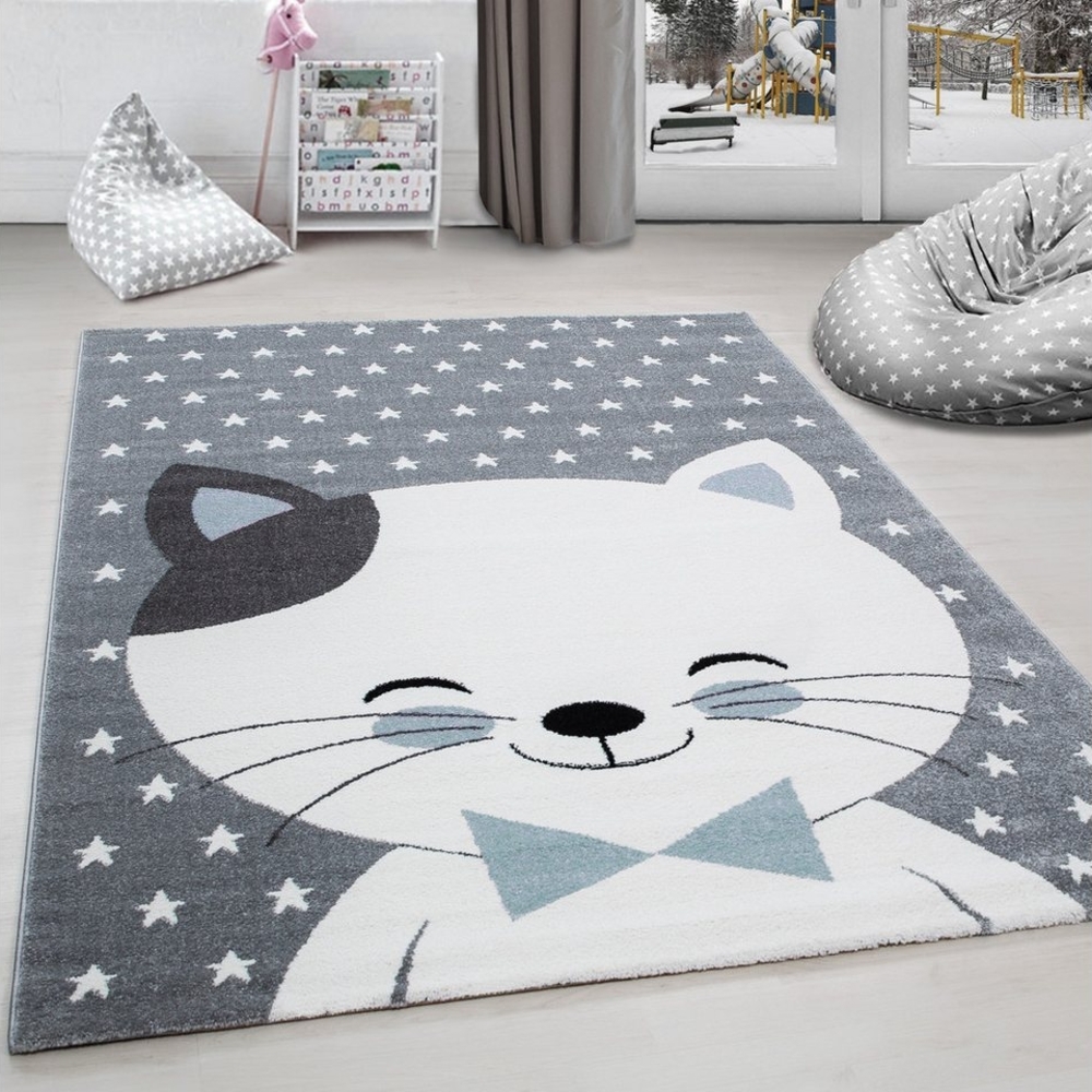 Carpettex Kinderteppich Niedliches Katze design, Rund, Höhe: 11 mm, Kinderteppich Katze Design Blau Baby Teppich Kinderzimmer Pflegeleicht Bild 1