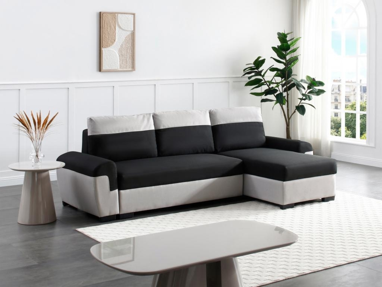 Vente-unique - Ecksofa mit Schlaffunktion - Ecke wechselbar - Stoff - Schwarz & Hellgrau - GABY II Bild 1