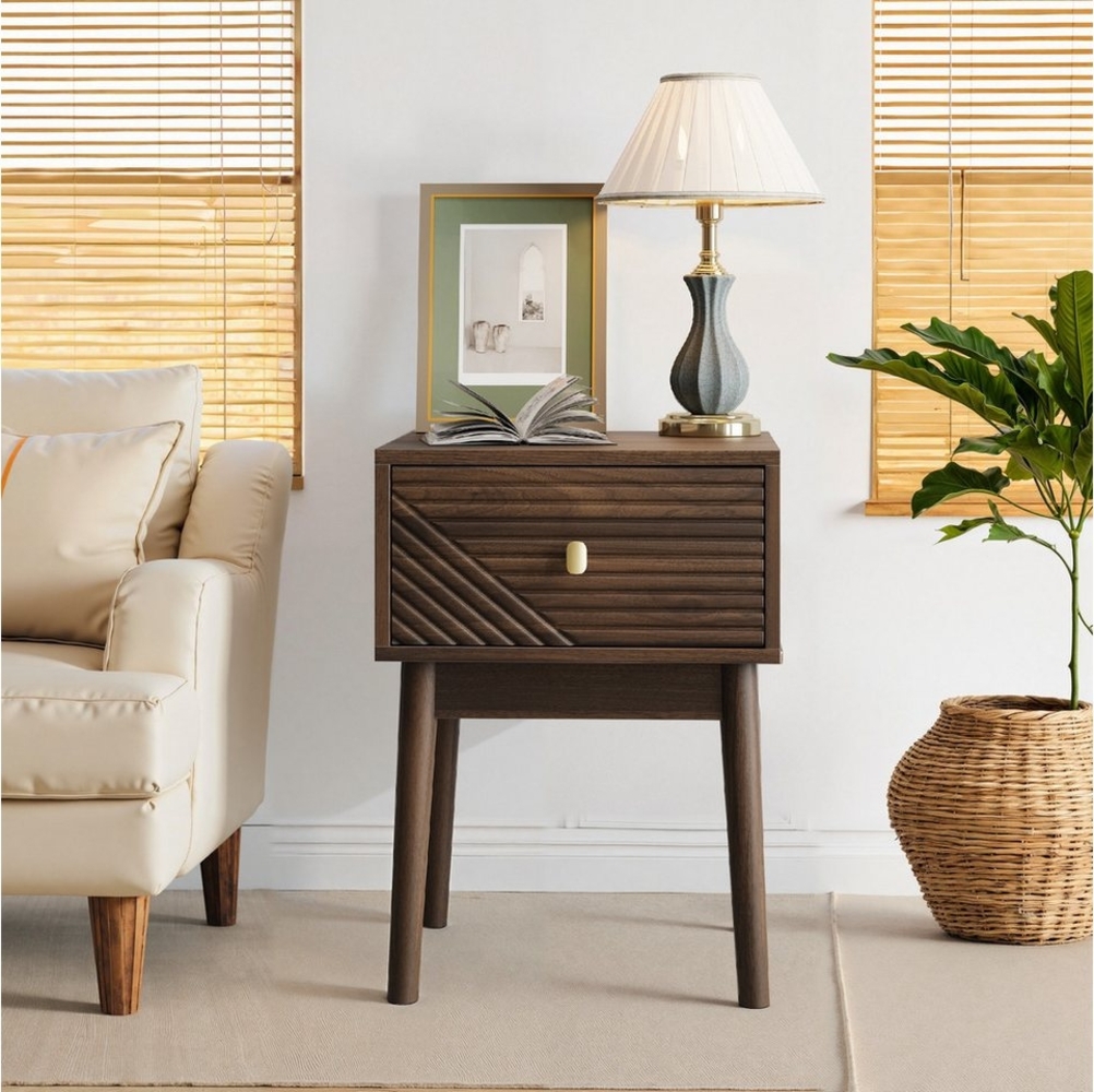 OKWISH Nachttisch Nachttisch,Beistelltisch (Mid-Century Modern Nussbaum Nachttisch mit Metallgriffen, 2er Set, 40 x 40 x 55 cm), 2 Stück Bild 1