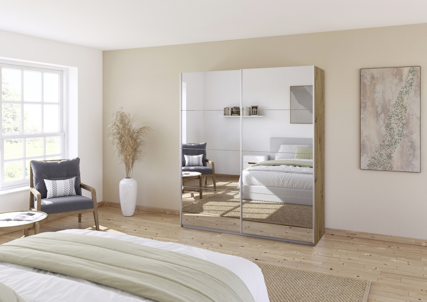 rauch Quadra, Kleiderschrank, Schiebetürenschrank, 2-türig, mit 2 Kleiderstangen und 4 Einlegeböden, Farbe Eiche Artisan, BxHxT 181x229x62cm Bild 1