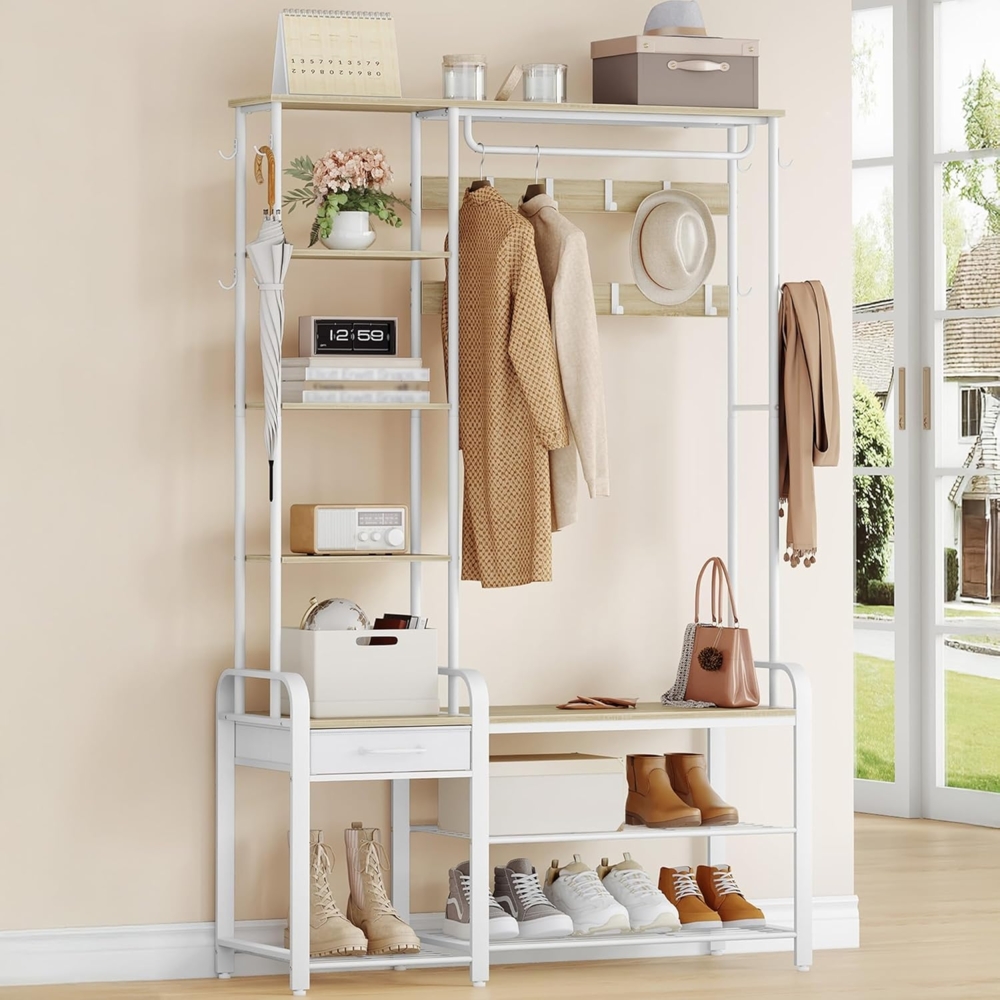 Garderobenständer mit Schuhbank, Garderobe mit Schuhbank, 1 Schublade, Kleiderständer mit 17 Haken, 1 Hängestange, 4-Ebenen-Seitengestell, 120 x 40 x 182 cm, Goldeichenfarben-Weiß Bild 1