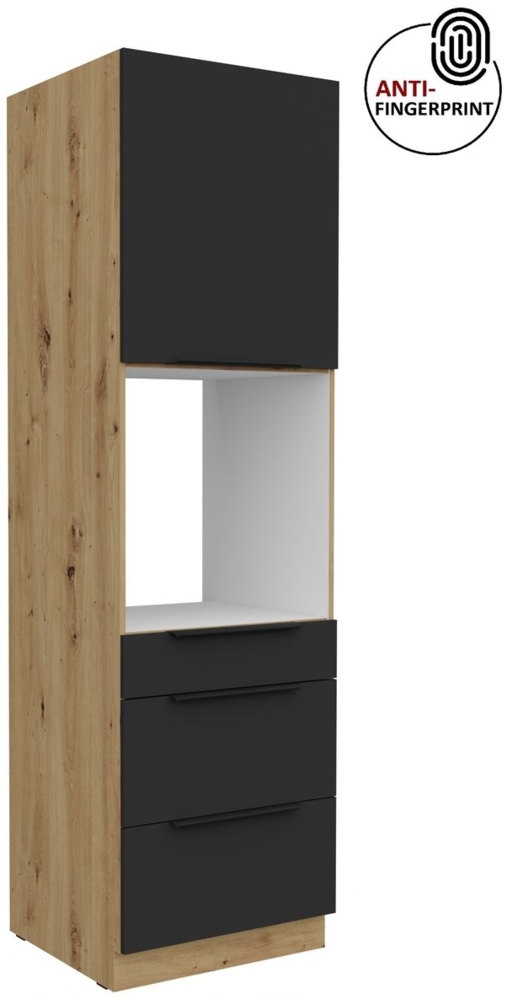Küchen Hochschrank 60 cm Küche ARIA Schwarz ultra matt + Eiche Artisan matt, hochwertige Fronten mit Anti Fingerprint Beschichtung, Soft-Close Küchenzeile Küchenblock Bild 1
