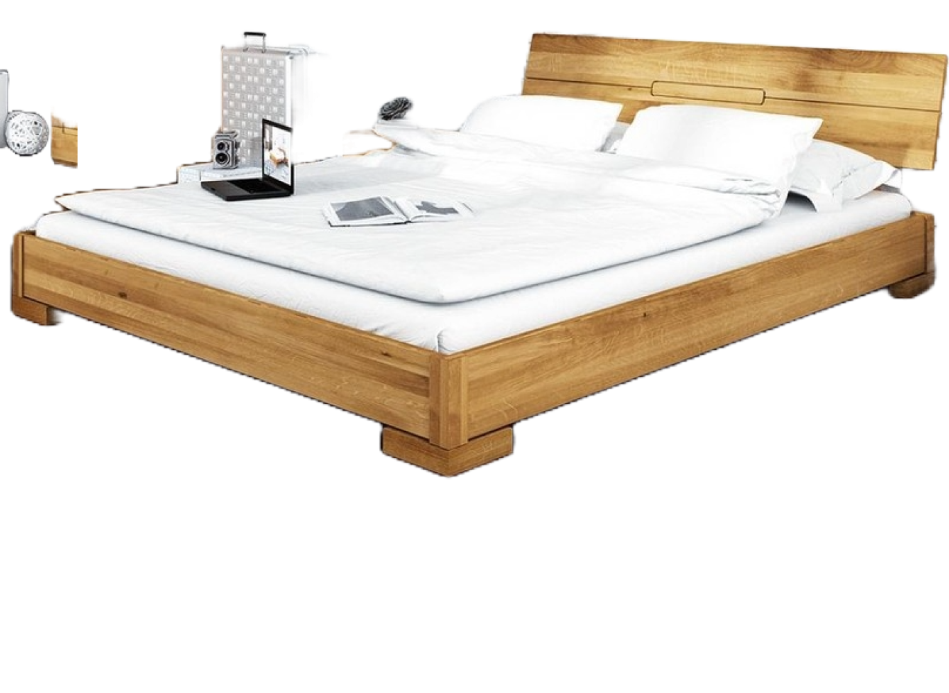 Bett Bento 5 aus Wildeiche massiv 200x200 cm mit Holzkopfteil und Holzbeinen Bild 1