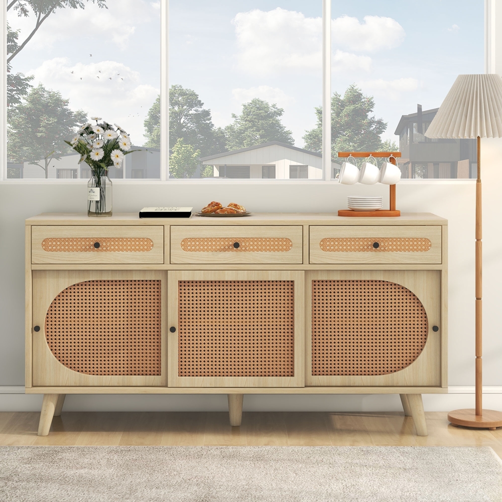 Sideboard, 140 x 40 x 78 cm, Sideboard in Eichenoptik mit Rattantüren & 3 Schubladen Bild 1