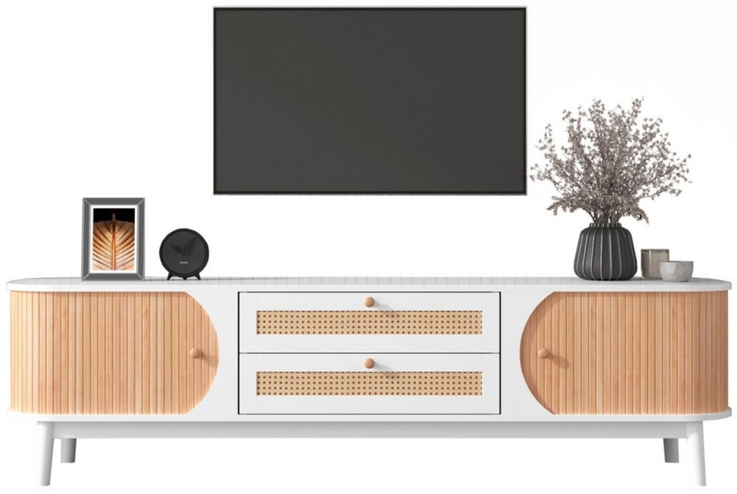 Merax Lowboard mit 2 Schubladen und 2 Bogenschiebetüren, TV-Schrank mit Rattan-Geflecht,Breite 170cm Bild 1