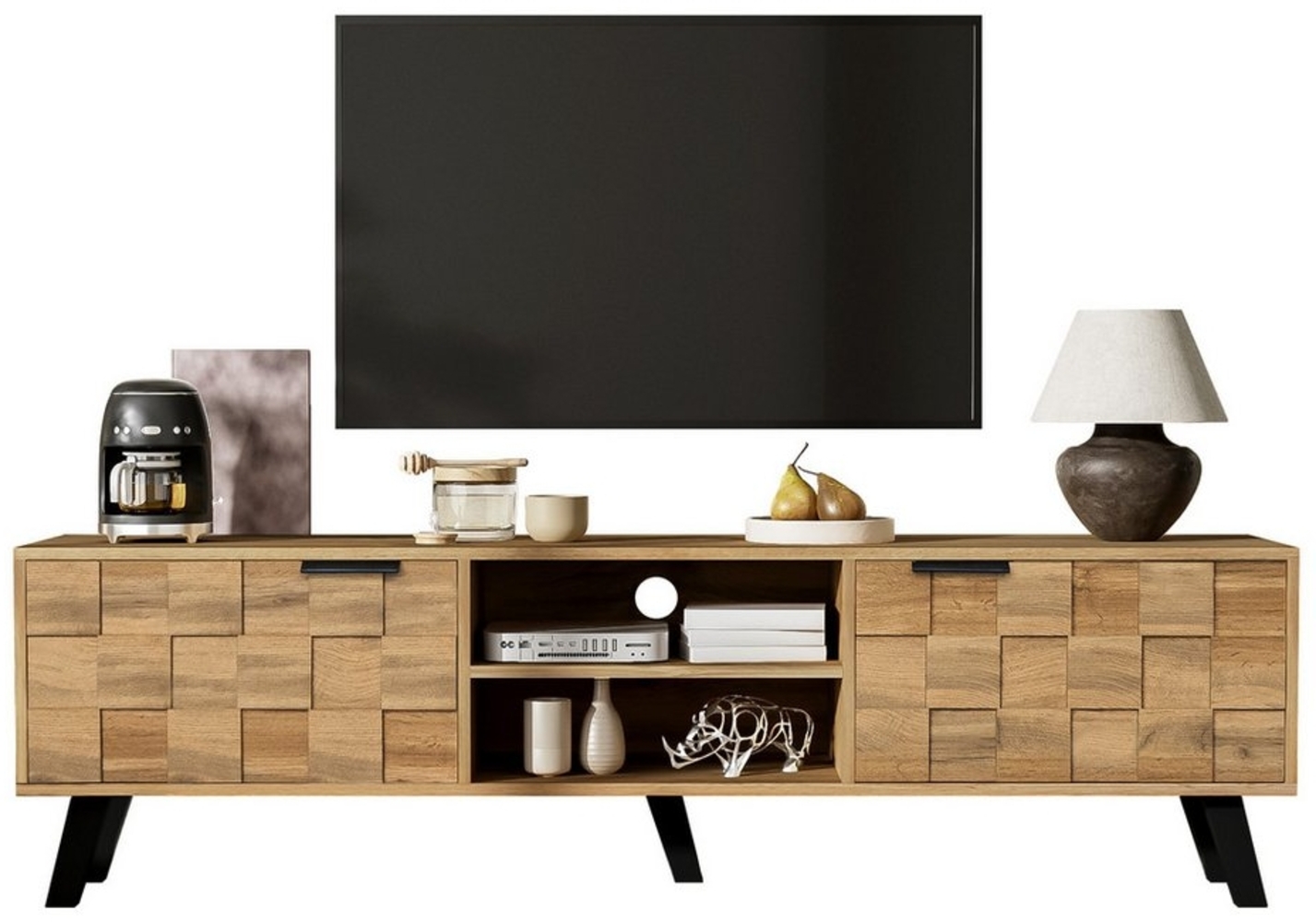 OKWISH Lowboard mit Dämpfungsscharnieren (Fernsehtisch,TV-Board,TV-Ständer, 1 St, 2 Türen, 2 offenen Fächern), mit Holzmaserungsdesign Bild 1