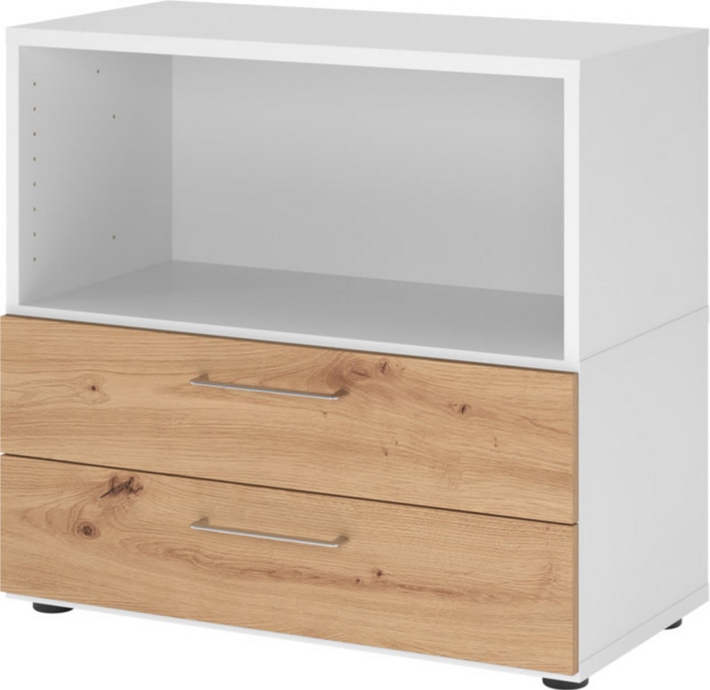 bümö flexi Aktenschrank klein mit 2 Schubladen & 1 Regalfach in Weiß/Asteiche, Büroschrank mit werkzeuglosem Schnellmontage-Klicksysten in modularer Bauweise, FW28S2KG-W-R-BS Bild 1