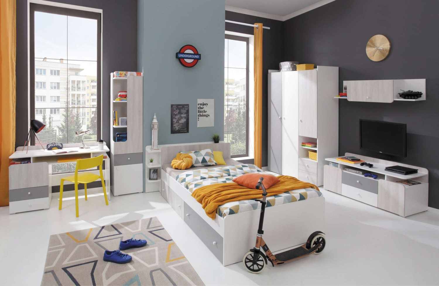 99rooms Rono Kinderzimmer-Set I Weiß Hochglanz Eiche Wilton Weiss Grau Bild 1