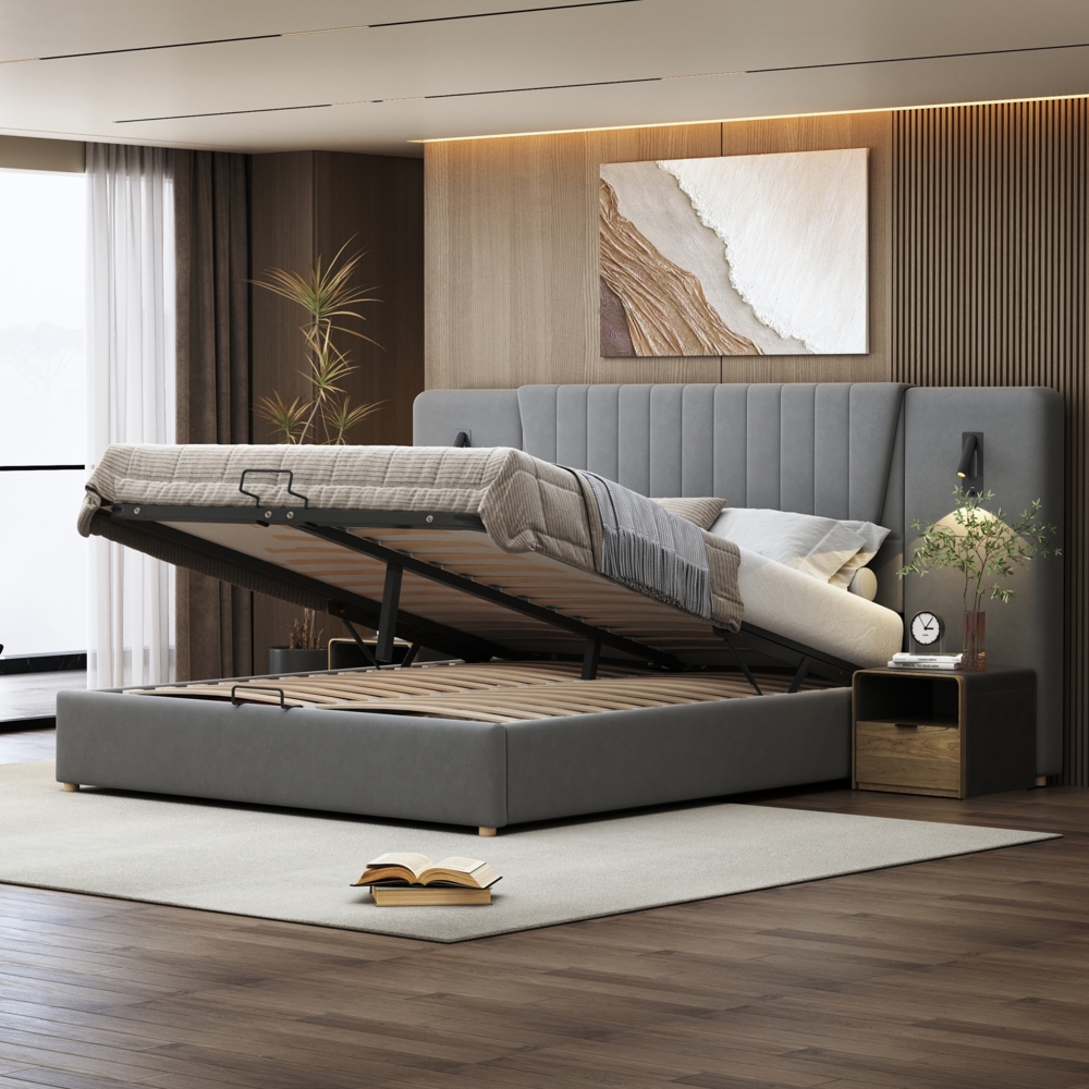 Graues Luxus Polsterbett 180x200 cm Mit Leselampen Und USB Anschlüssen Doppelbett Mit Hydraulischem Stauraum Samtbezug 300 Kg Tragkraft Bild 1