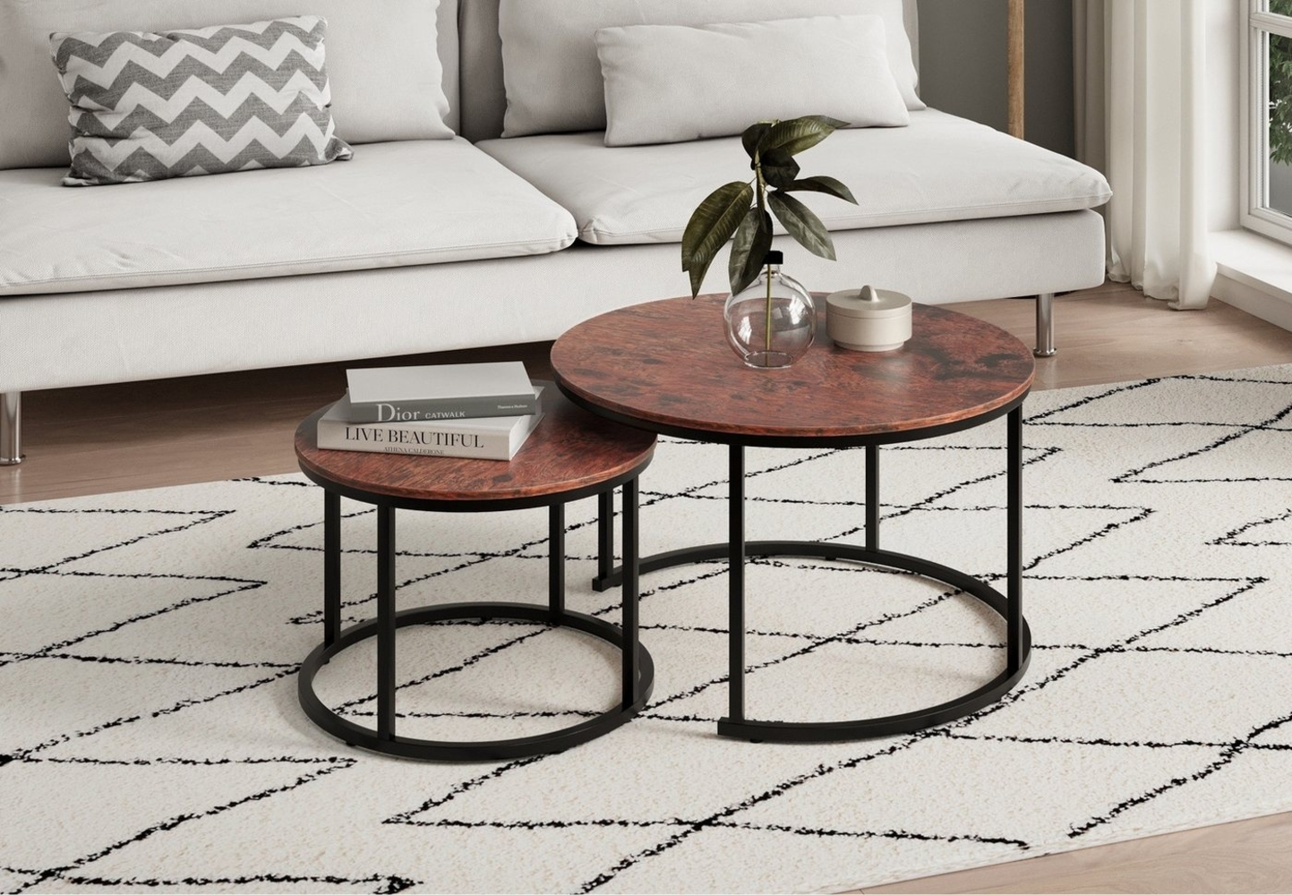 Home Collective Couchtisch 2er Set aus Holz, Wohnzimmertisch Modern (Beistelltisch Set 2 in 1 mit Metallgestell, Büro Beistelltisch Loft Design TWIN, kratzfeste Oberfläche, Set 2 in 1), Rund in Eiche dunkel, für Wohnzimmer Bild 1