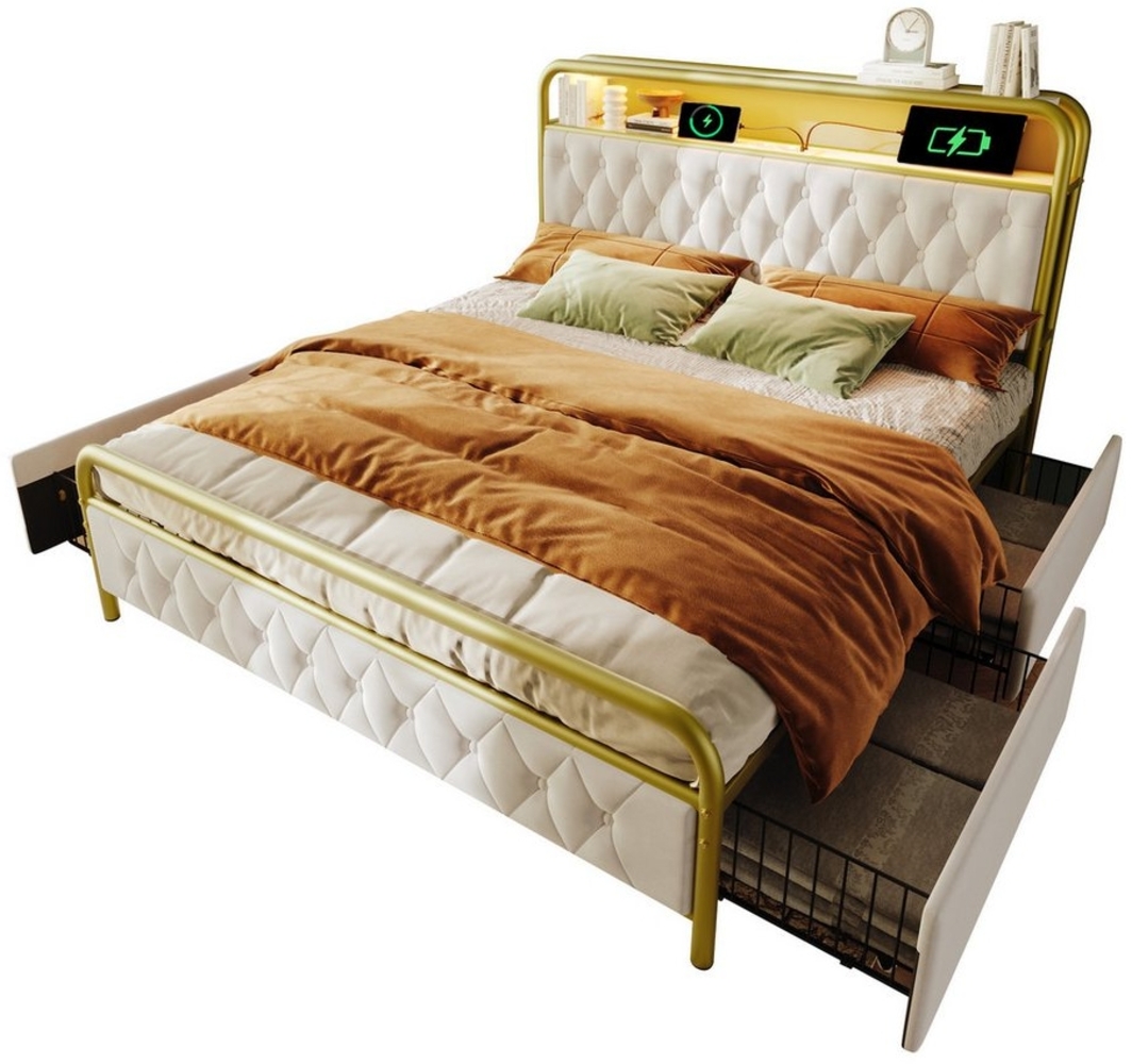 BlingBin Polsterbett Metallbett Bettgestell (1-tlg, Einzelbett mit aufladen USB Type C Ladefunktion APP-Control LED), 140×200 Bettrahmen,4 Schubladen,Samt Bild 1