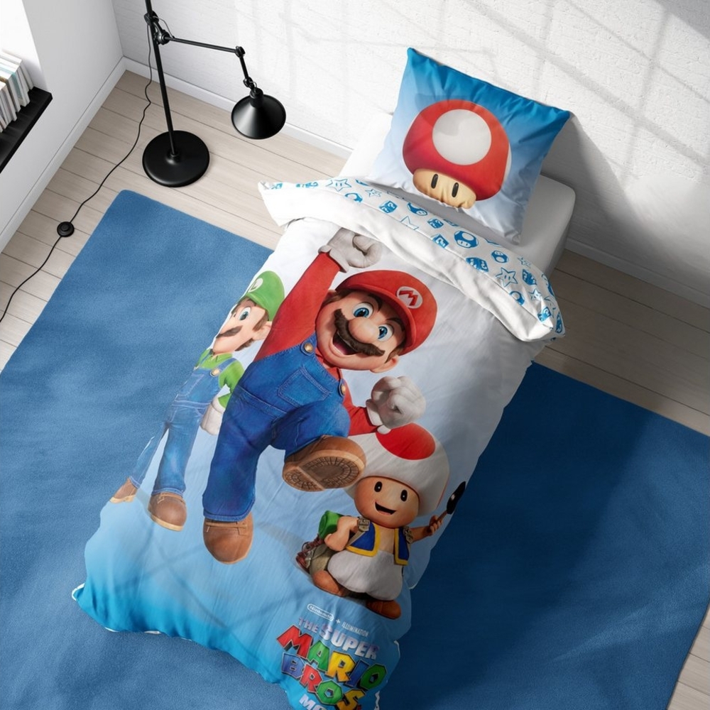 MTOnlinehandel Kinderbettwäsche Nintendo Super Mario, Geschenk für Gamer, Luigi und Toad, Mikrofaser, 2 teilig, Wendebettwäsche für Mädchen und Jungs, 135x200 + 80x80 cm, Gaming Bild 1