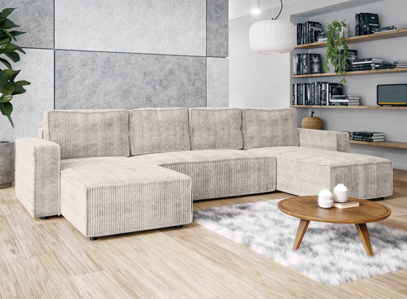 AX LIVING Aydin U Sofa Wohnlandschaft mit Schlaffunktion U Form Creme Bild 1
