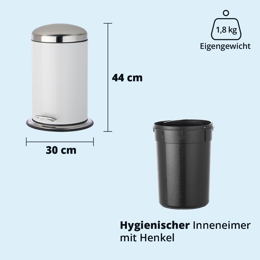 KHG Mülleimer Küche, Bad 12l | Kosmetikeimer Abfalleimer Treteimer aus Aluminium in glänzendem Weiß | herausnehmbarer Inneneimer, ideal für Küche, Badezimmer, Büro Bild 1